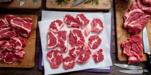 Processed deer meat on a wooden table with tools.