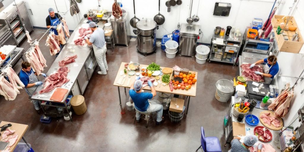 Workers processing meat at Hermann Wurst Haus.