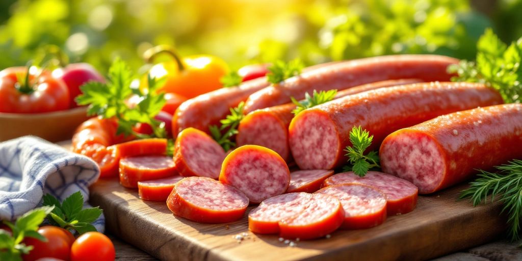 An assortment of summer sausages on a wooden board.