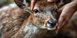 Close-up of hands preserving a deer in nature.