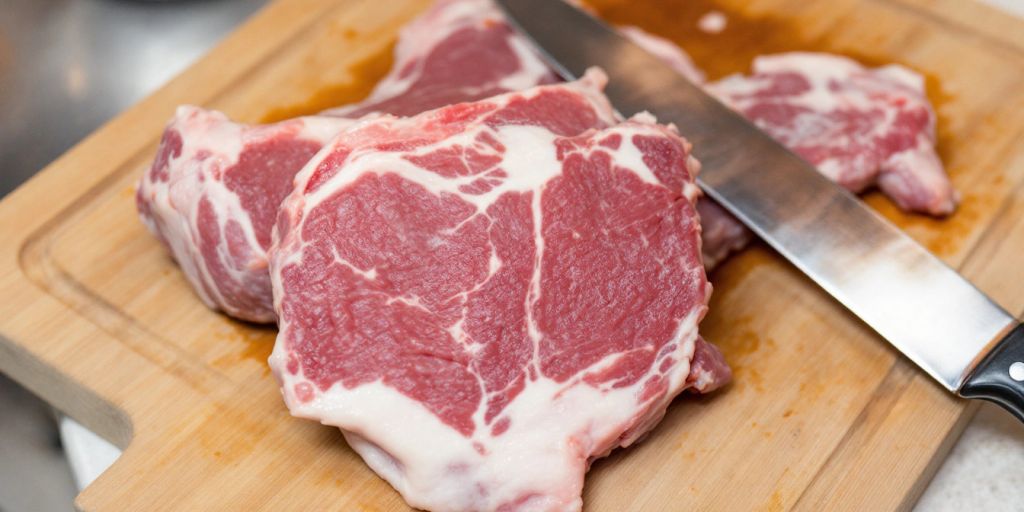 Freshly deboned meat on a cutting board with knife.